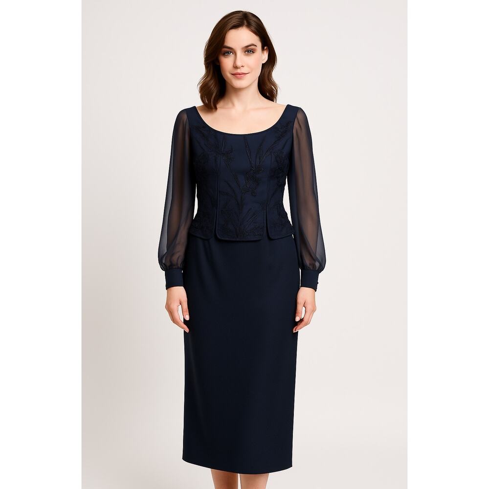 1990s Eve of Milady Navy Beaded Evening Dress with Sheer Sleeves M - L